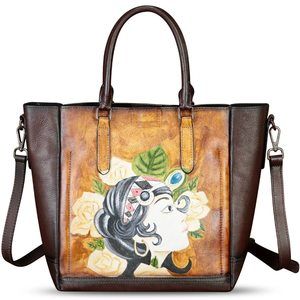 Chic Genuine Textured Bag For Hand Painted Textured Top Handle Satchel Handmad